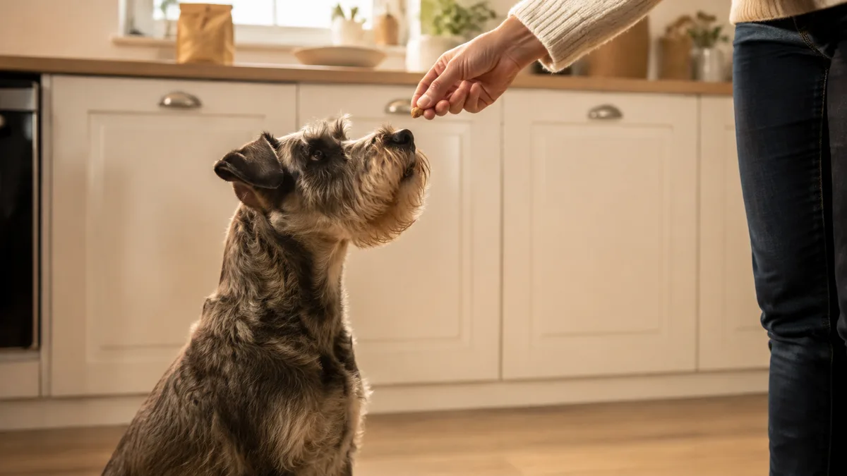 a medium wiry salt-and-pepper rough-coated dog with bushy eyebrows and a beard sitting at attention on pale wood floor with a small soft treat held between owners fingers warm natural sidelight cream kitchen background