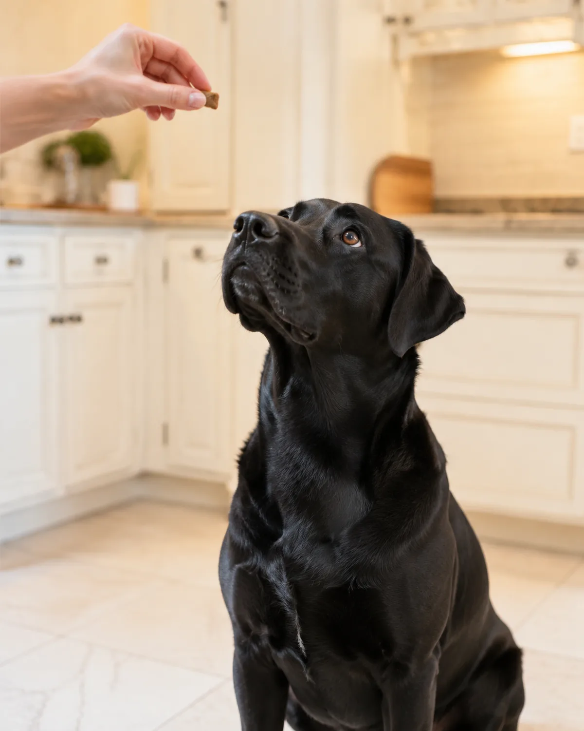 a large solid-black short-coated dog with a broad chest floppy ears and gentle eyes sitting eagerly looking up at a tiny soft brown treat between owners fingertips in a bright kitchen with cream cabinets
