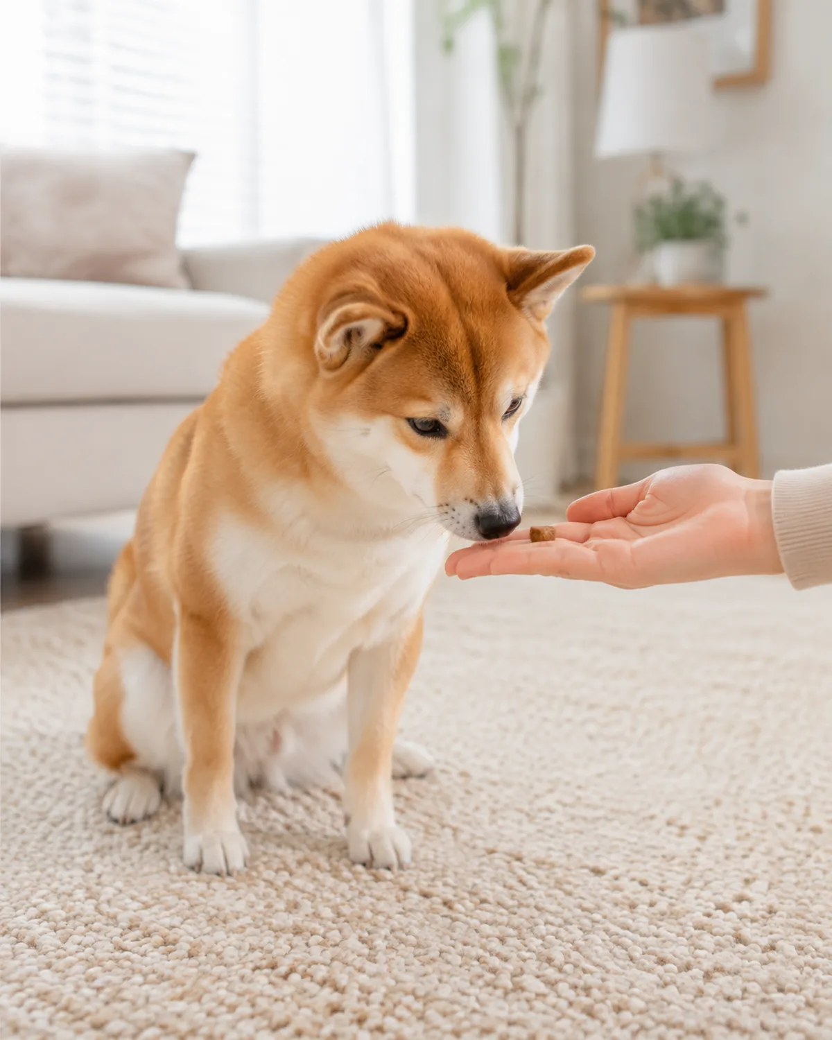 a small compact dog with a thick orange-red double coat white underside and erect ears nose-targeting a small piece of freeze-dried liver in owners open palm sitting on cream rug in a bright living room with natural window light