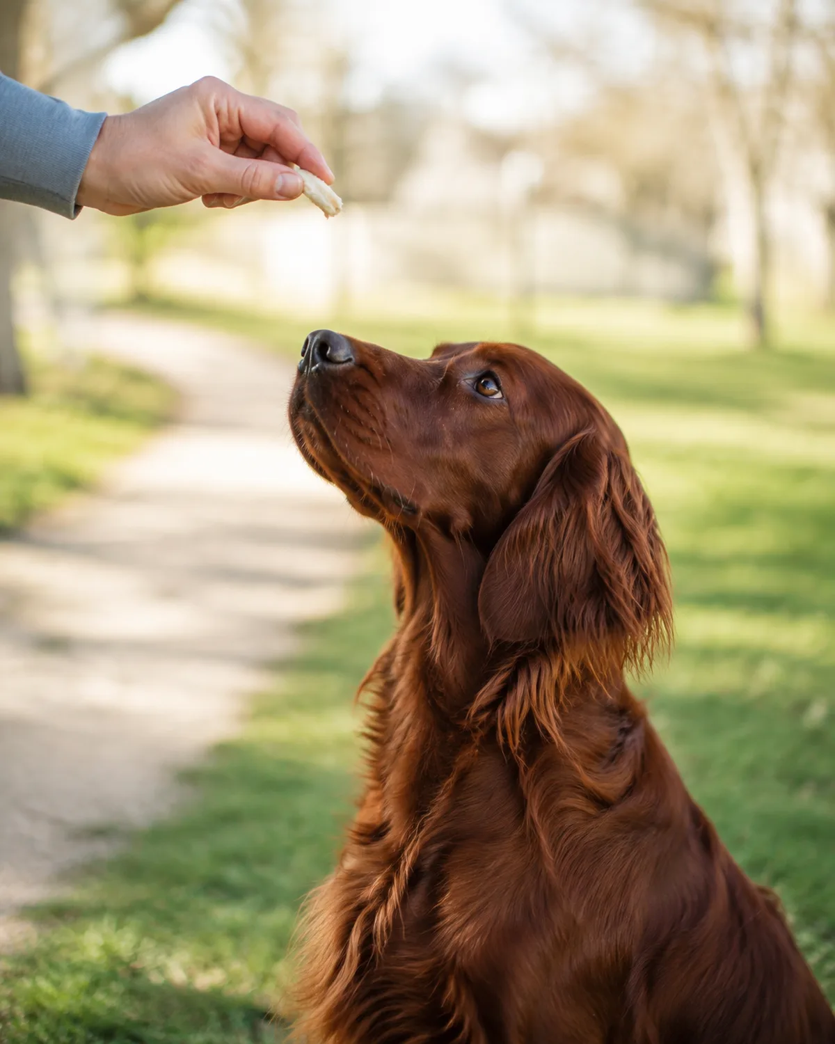 a medium lean dog with a deep mahogany-red long silky feathered coat and long floppy ears watching owner hold a small shredded piece of plain cooked chicken on fingertip during outdoor training drill in a grassy park with bright daylight
