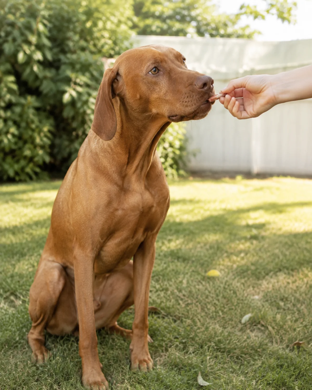 a large athletic dog with a uniform rusty golden-brown short coat floppy ears and a lean frame sitting on grass taking a tiny jerky piece from owners hand with soft green foliage blurred behind bright daylight