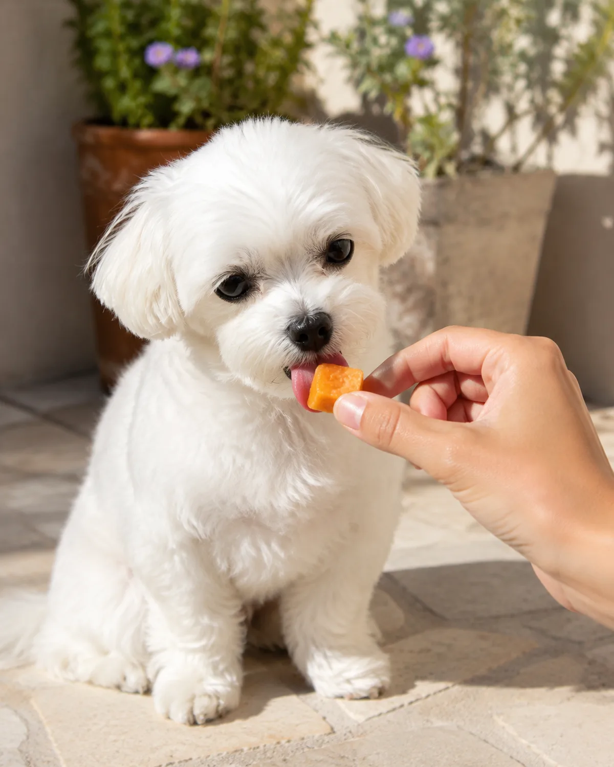 a small fluffy pure-white double-coated dog with dark round eyes and floppy ears licking a small frozen orange pumpkin cube held in owners hand sitting on pale patio stone with soft warm afternoon light