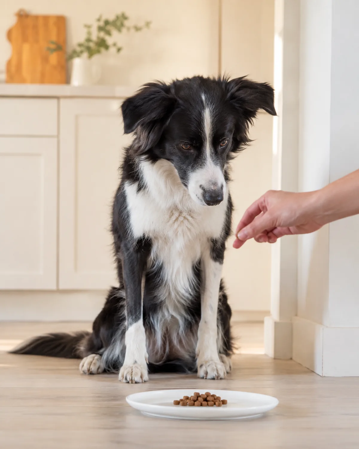 a medium athletic dog with a black-and-white coat white blaze collar and chest medium fur and semi-erect ears sitting on pale wood floor with a small pile of uniform tiny commercial training treats on a plain white plate
