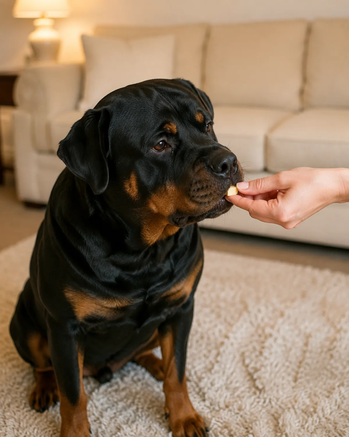 a large powerful black-and-tan short-coated dog with a broad blocky head and floppy ears taking a tiny cheese cube from owners fingers sitting on cream rug in living room with warm lamp light