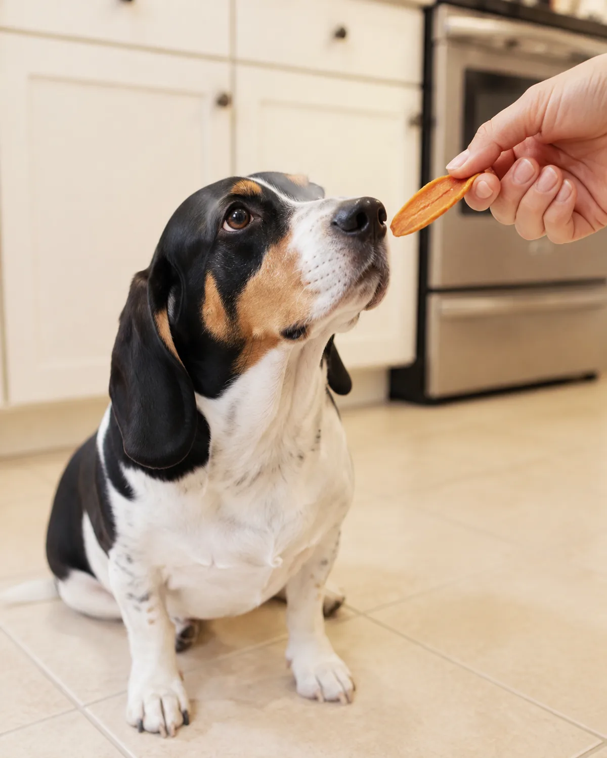 a small sturdy tricolor black white and tan short-coated hound with long low-set floppy ears sniffing a thin dehydrated sweet potato chip held at nose height sitting on pale tile floor in a bright kitchen