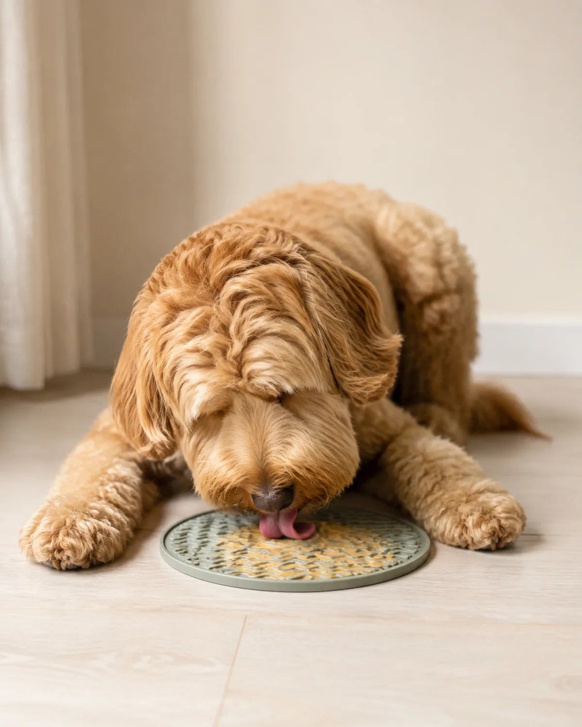 a medium shaggy wavy-to-curly apricot-gold dog with floppy ears and a rounded teddy-bear face lying down relaxed licking peanut butter from a silicone lick mat placed on pale wood floor with warm natural sidelight