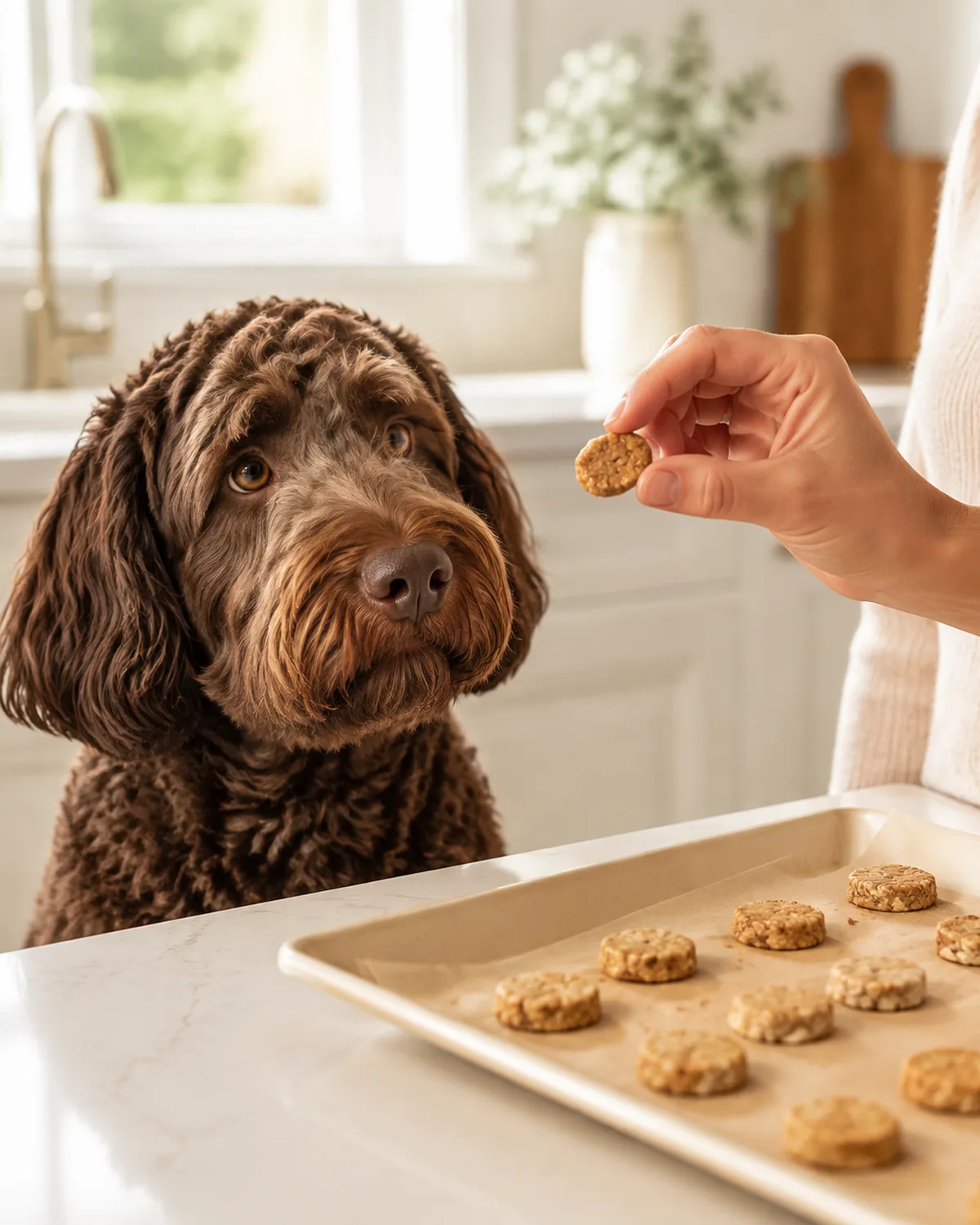 a medium chocolate-brown curly-coated dog with floppy ears and a soft expression watching owner hold a small round homemade oat biscuit near a cream baking sheet with several small biscuits cooling in a bright kitchen
