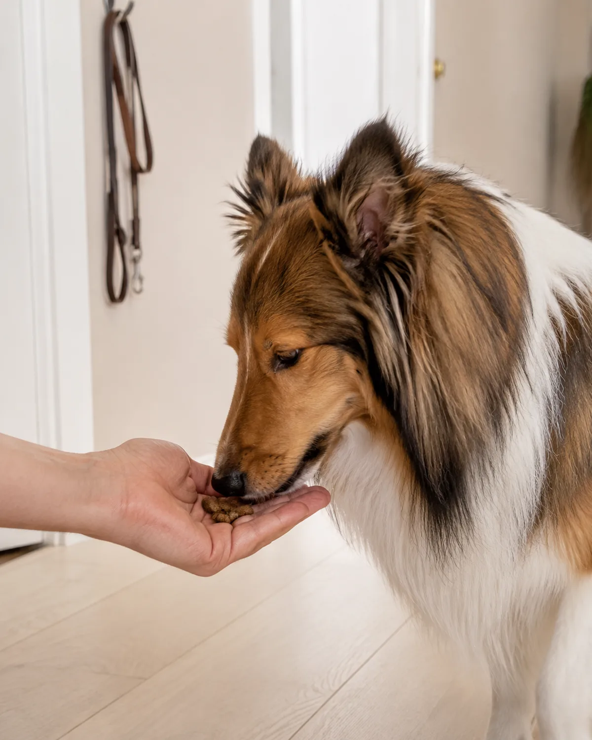 a small collie-like dog with a sable-and-white long coat a mane and frill semi-erect ears and a fine long muzzle eating a few kibble pieces from owners open palm during a training session in a hallway with bright natural light