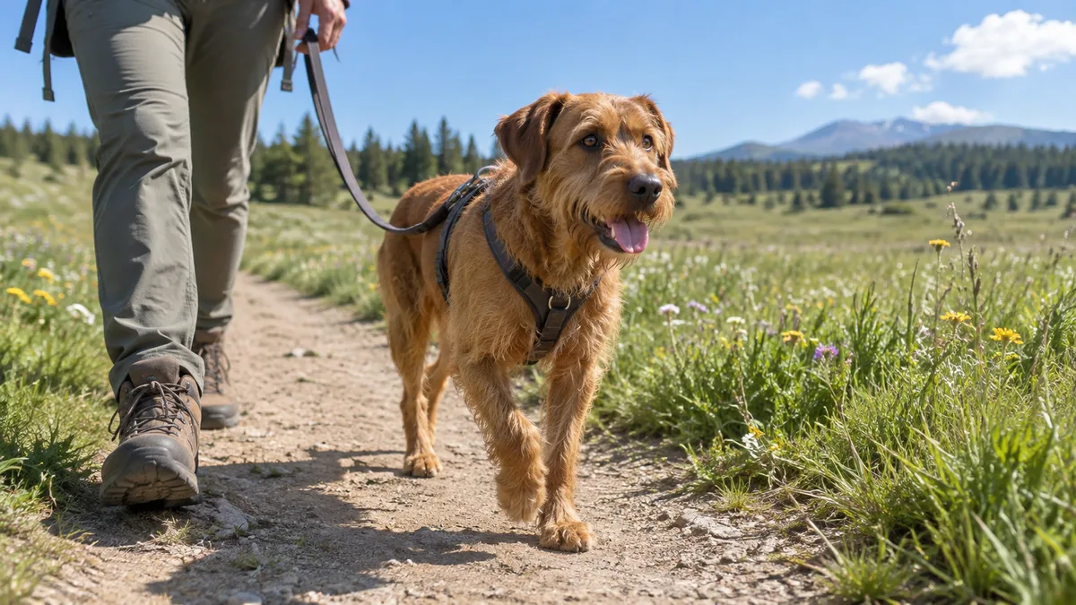 a medium rusty-red wiry-coated dog with bushy eyebrows walking on a wide sunny dirt trail through a meadow with green grass on both sides and blue sky