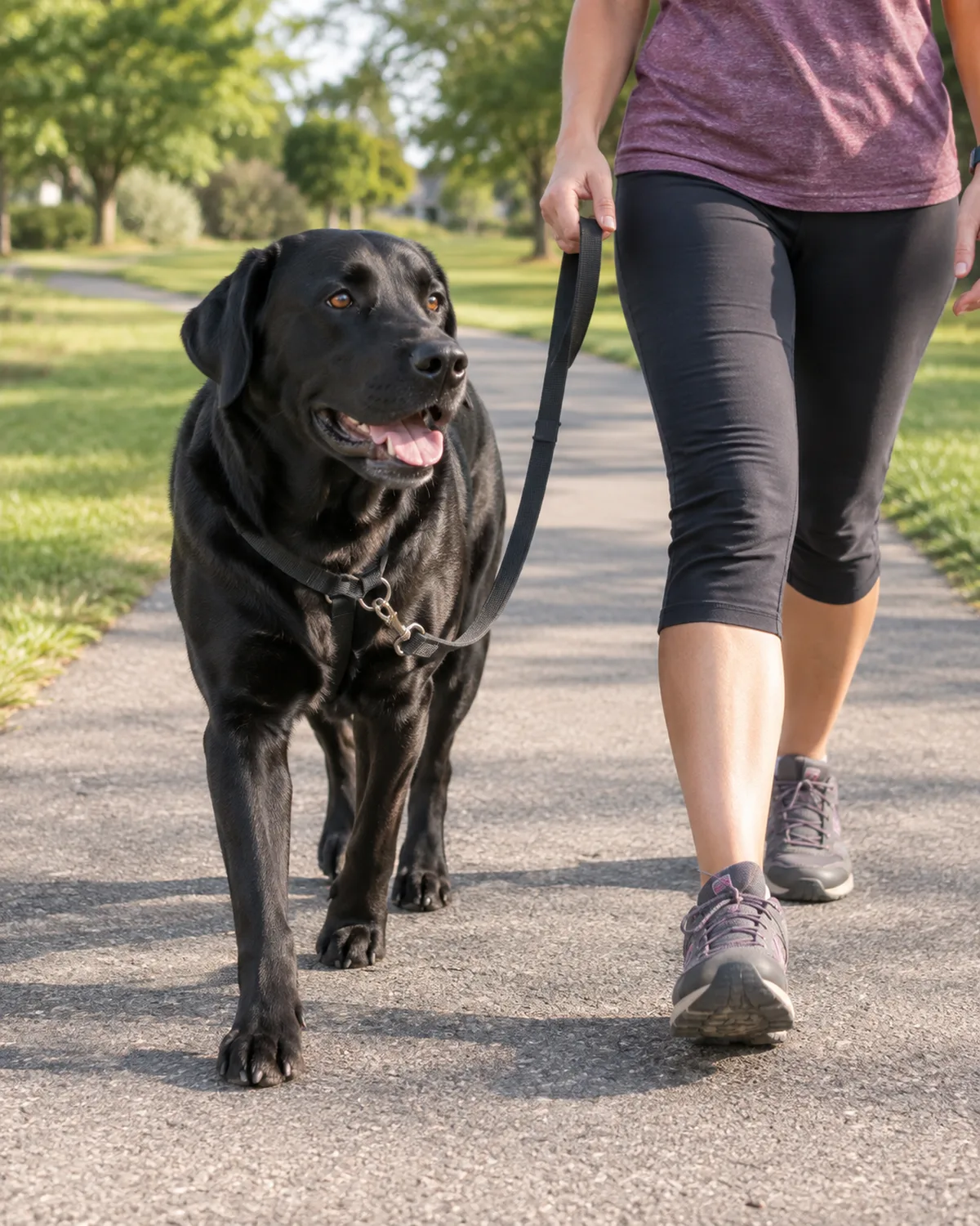 a large solid-black smooth-coated dog with floppy ears trotting beside its owner on a flat suburban greenway path in bright afternoon light with short mown grass on each side
