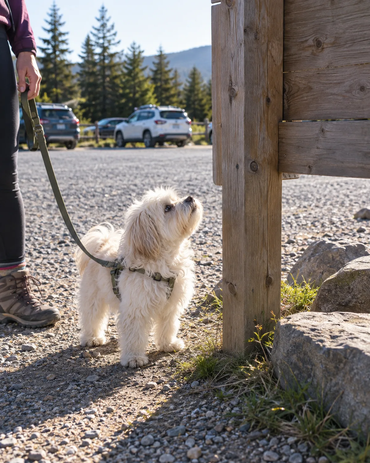 a small cream-white fluffy long-coated dog with a rounded face and dark button eyes standing at a wooden trail map sign at a trailhead parking area in bright morning light