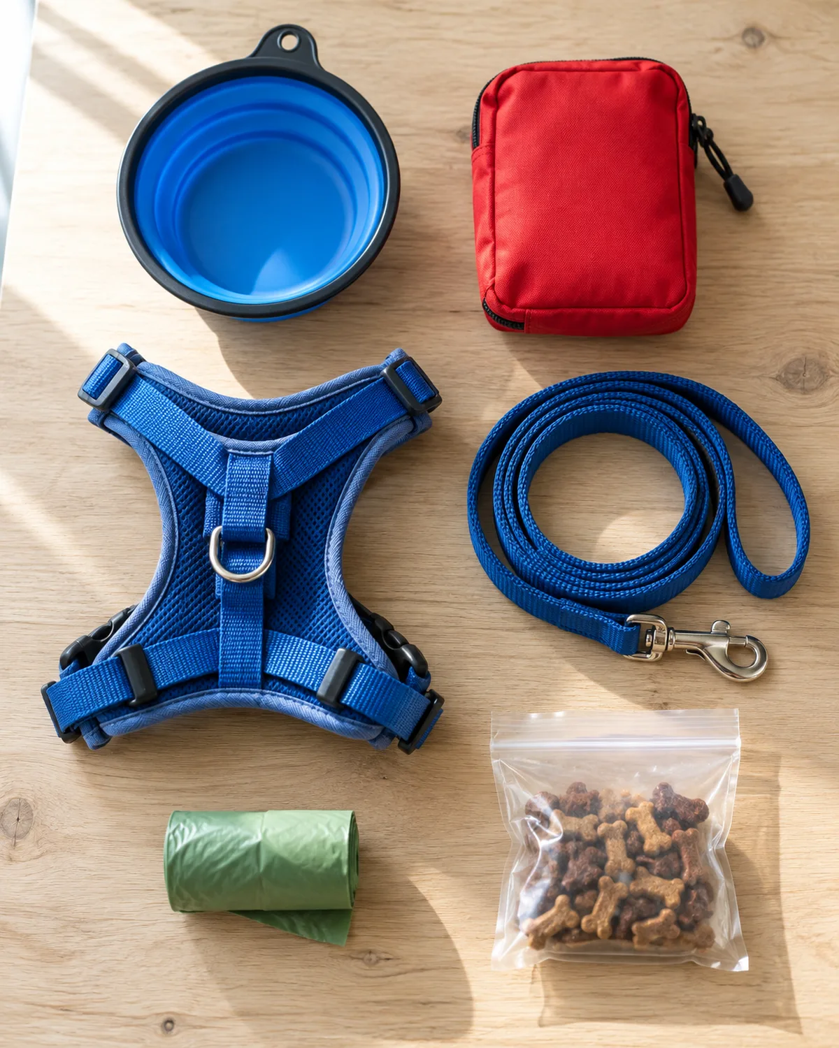 overhead flat-lay of hiking gear for a dog on a pale wood surface including a collapsible water bowl, first-aid pouch, harness, leash, waste bags, and training treats in bright natural window light