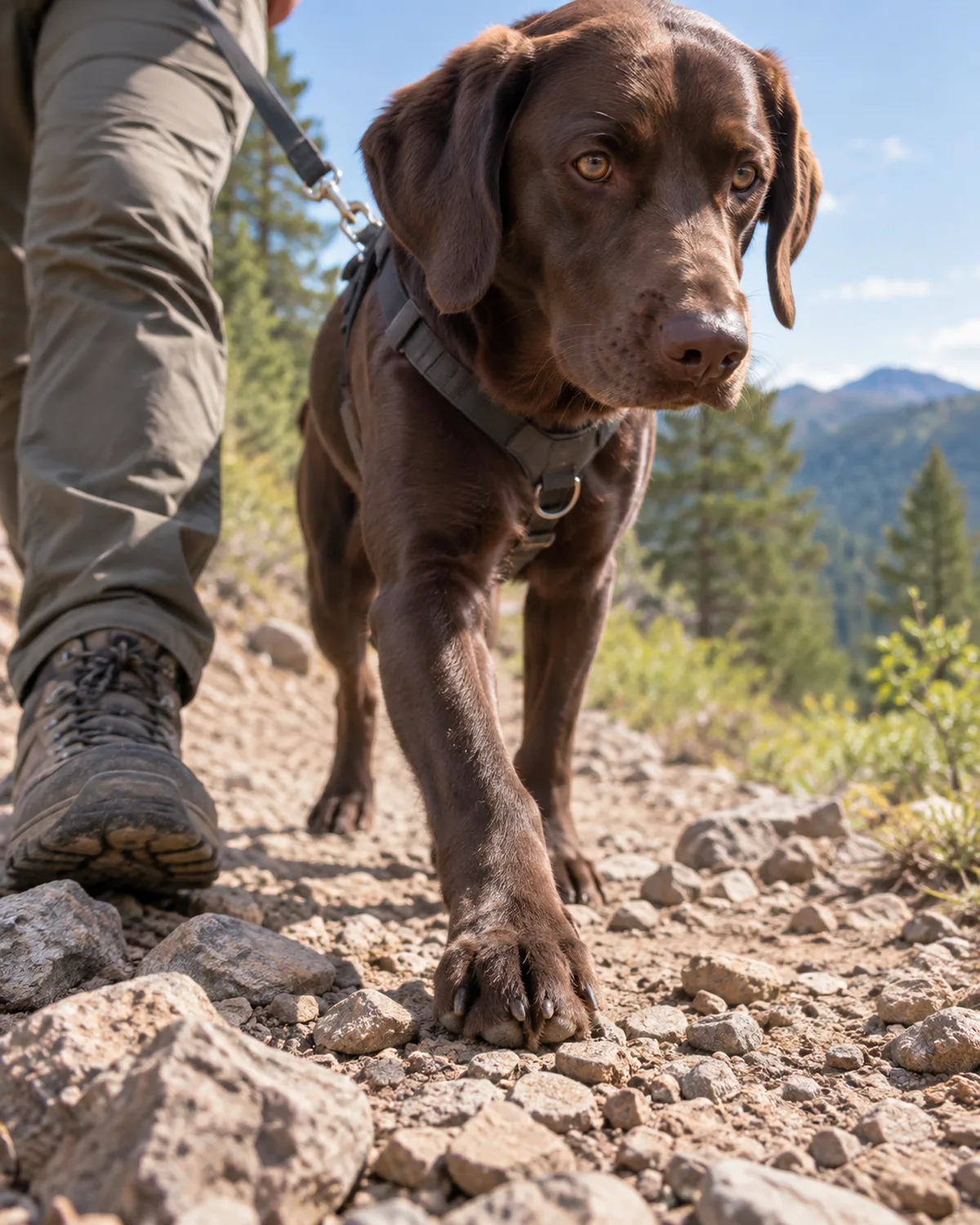 close-up of a medium deep-chocolate-brown short-coated dog with amber eyes stepping carefully on a rocky trail surface with small loose stones in bright outdoor sunlight with the owner hiking boot visible for scale