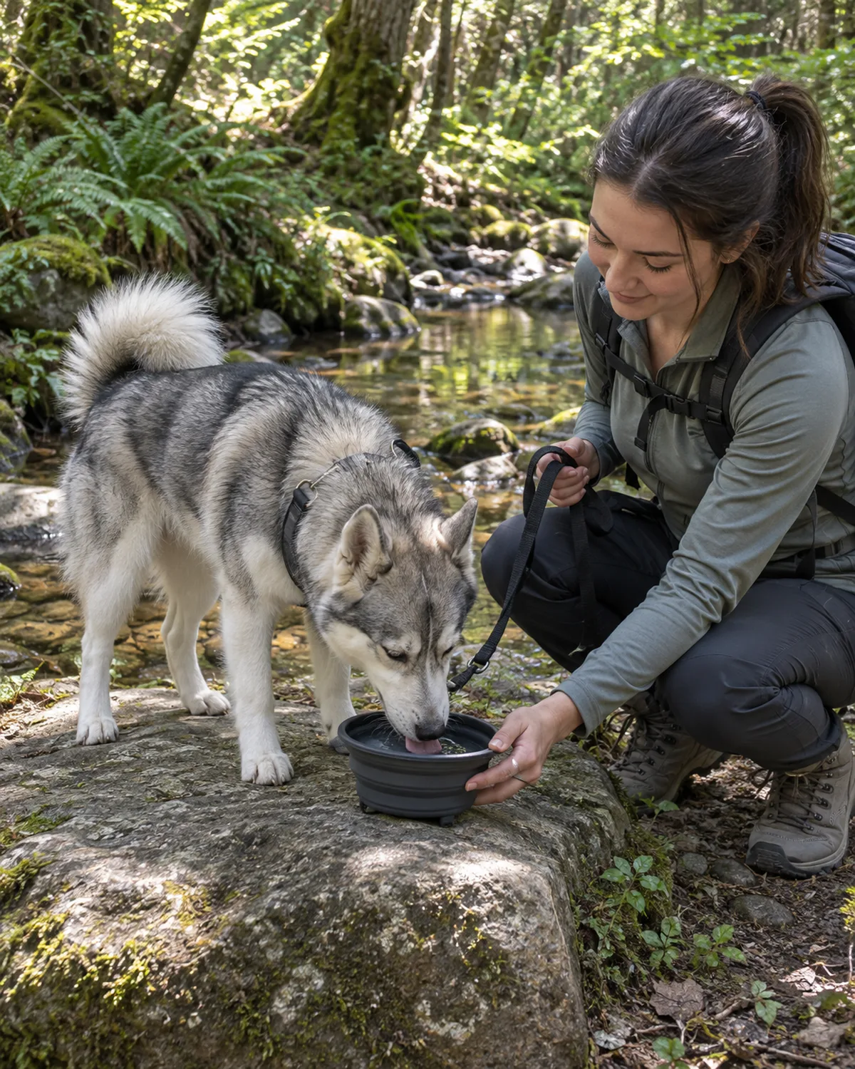 a medium grey-and-white thick double-coated dog with erect pointed ears drinking from a collapsible silicone bowl on a flat rock beside a narrow forest creek in bright dappled sunlight with green ferns around