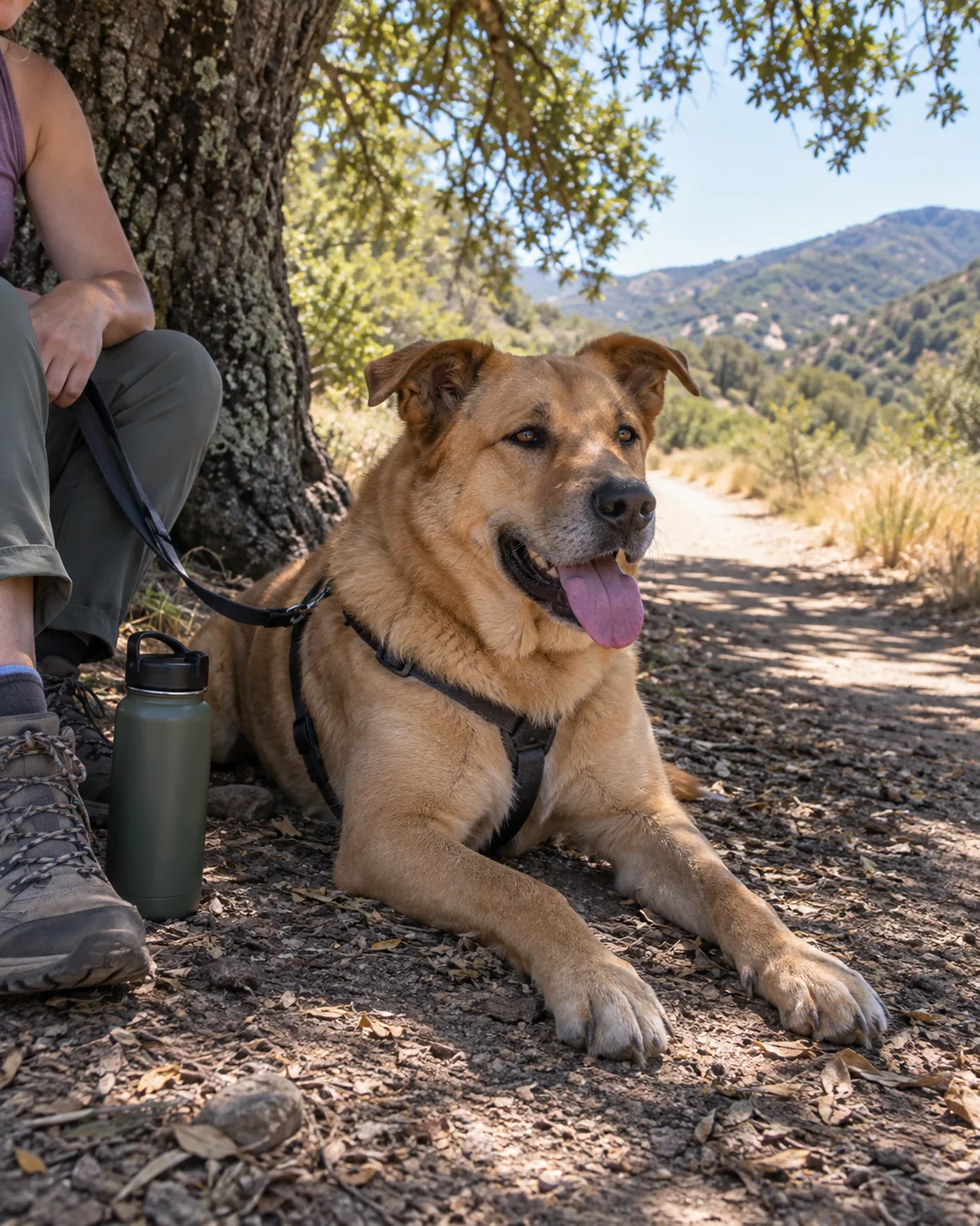 a large tawny-gold short-coated dog with semi-erect ears lying in the cool shade of a large oak tree beside a sunny dirt trail tongue out and panting lightly with a water bottle next to the dog