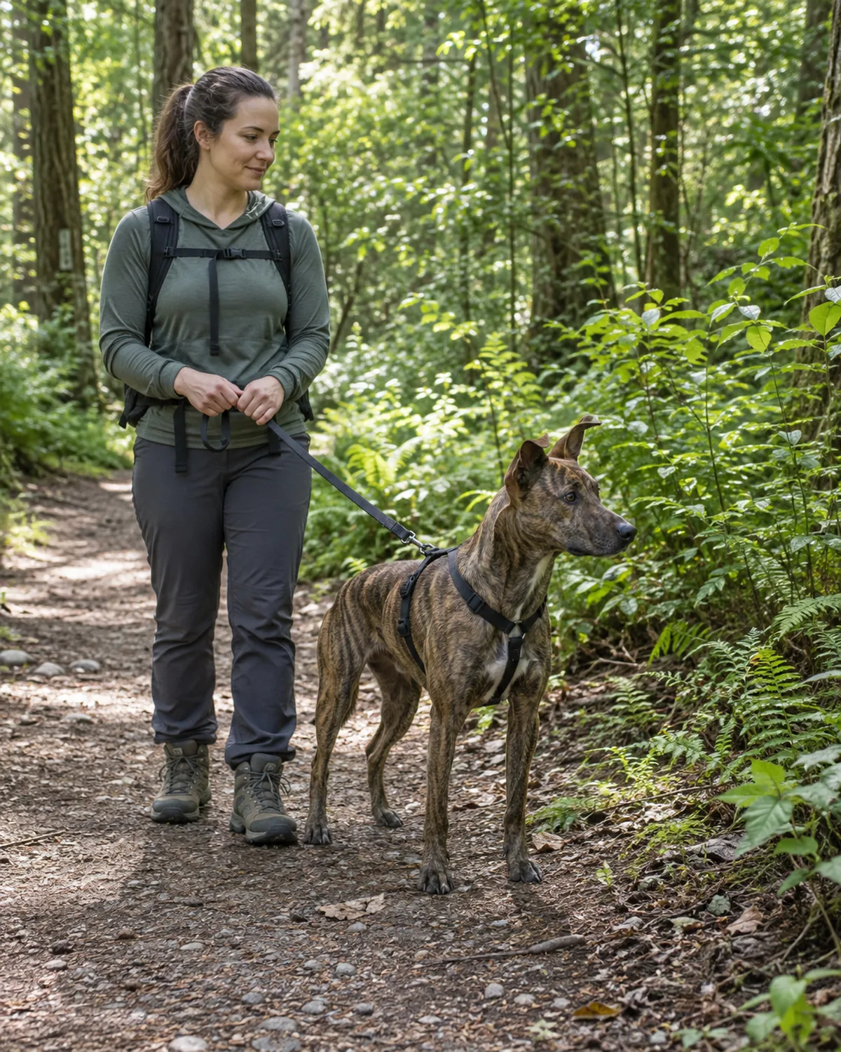 a medium brindle short-coated dog with a lean athletic build and alert semi-erect ears standing on a wide forest trail with ears forward looking fixedly at a point off-trail in dense green underbrush with the owner holding the leash short