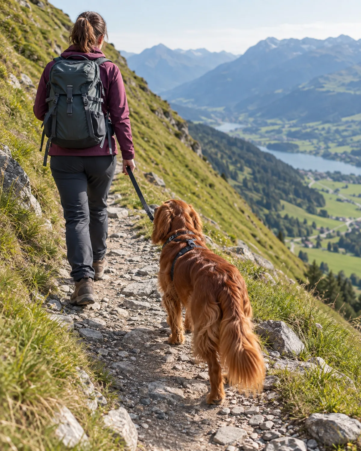 a medium copper-red feathered long-coated dog with floppy silky ears walking on a narrow mountain trail with a steep grassy slope on one side held on a short leash by the owner walking just ahead in bright outdoor light