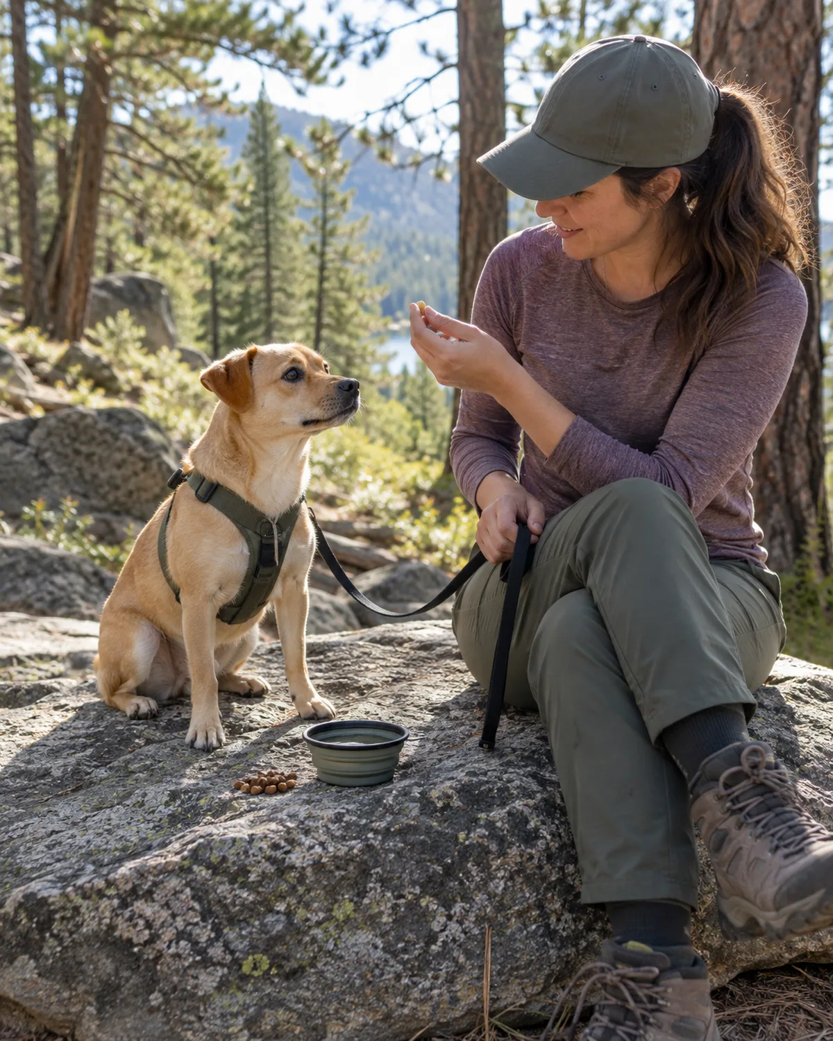a small sandy-blonde short-coated dog with rose ears and a compact muscular body sitting on a flat trailside rock next to treats and a water bowl in bright afternoon light filtering through tall pine trees with the owner sitting beside