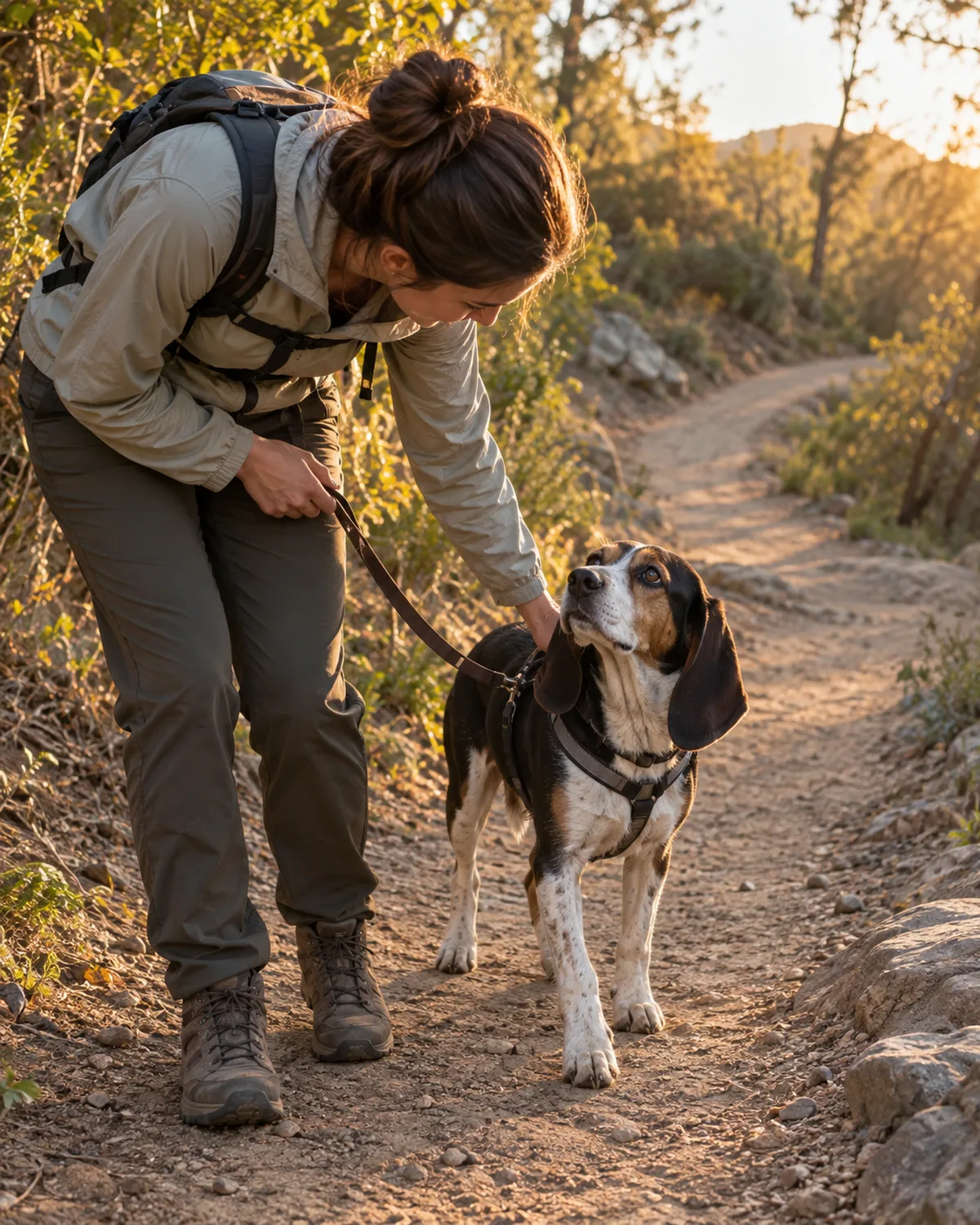 a medium tricolor short-coated hound with long low-set floppy ears walking slowly on a dirt trail with slightly stiff gait as the owner bends down to check on the dog in bright late-afternoon golden light