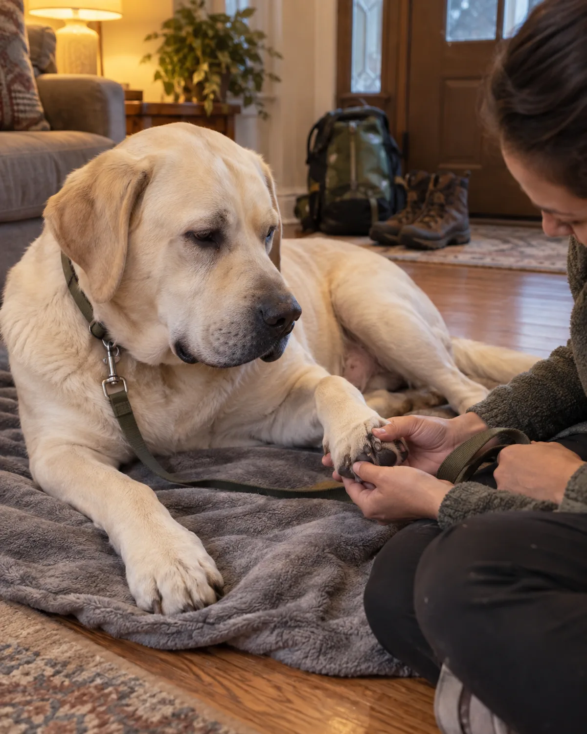 a large pale-cream smooth-coated dog with a broad head lying on a soft grey blanket on a living-room hardwood floor after a hike with the owner hand gently checking a paw pad and hiking boots visible by the door