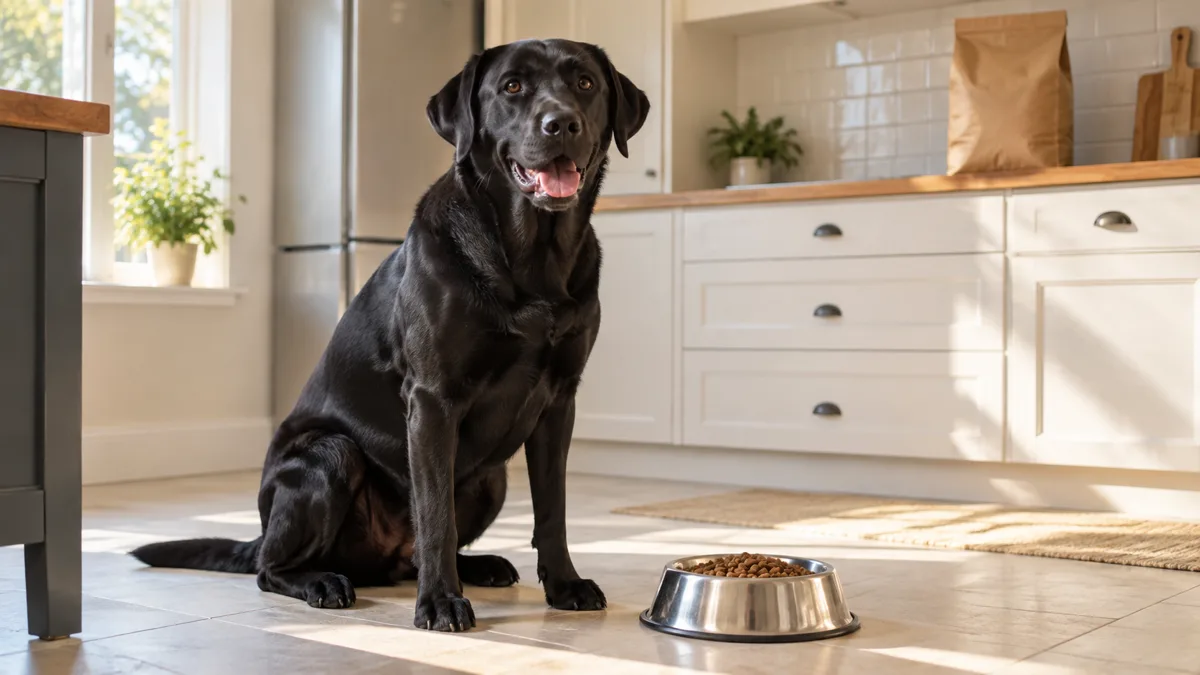 a large athletic solid-black short-coated dog with floppy ears sitting next to a stainless steel food bowl on a light tile kitchen floor in morning sunlight