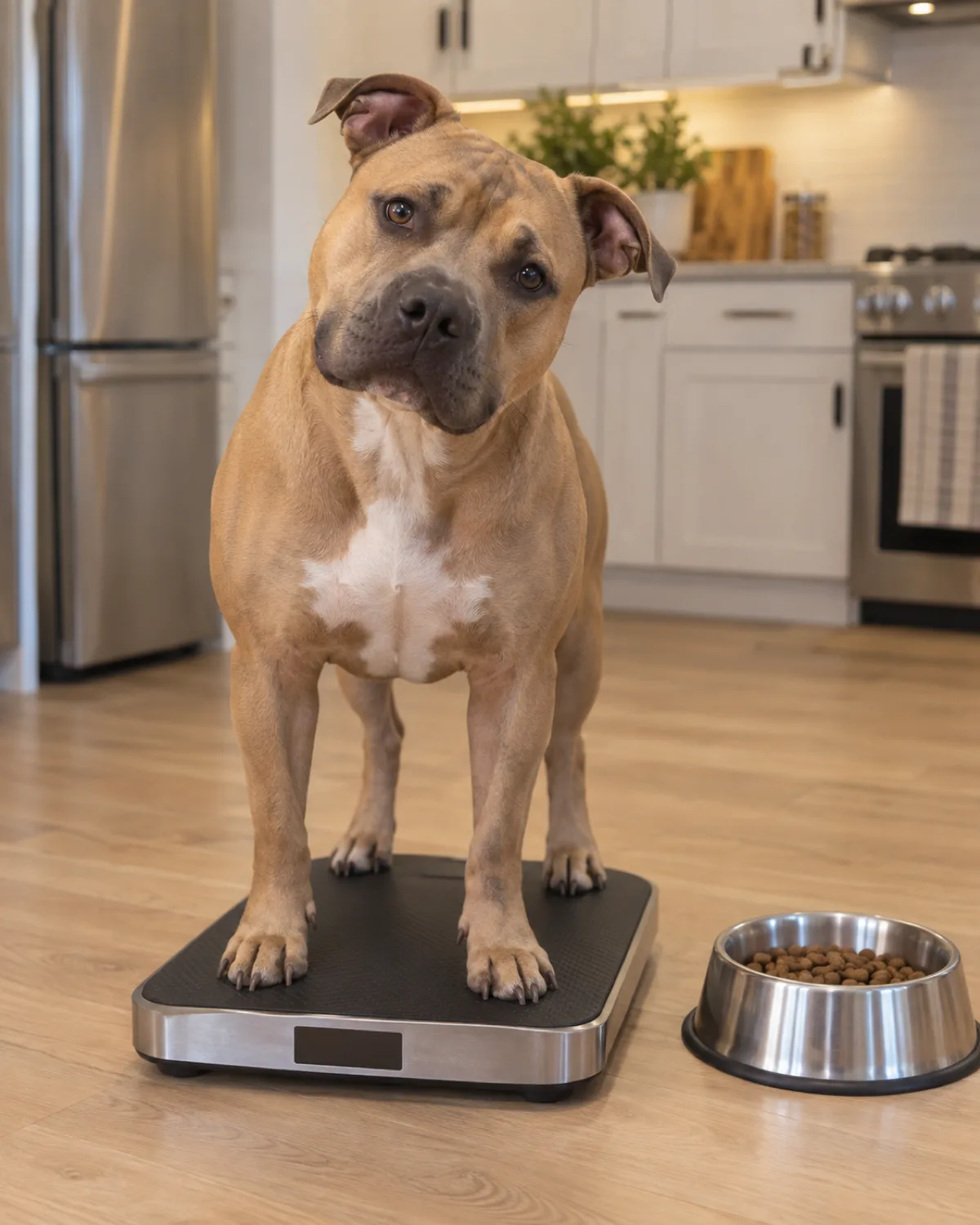 a medium muscular dog with a broad blocky head wide-set eyes a short smooth fawn coat and a strong jaw standing on a kitchen scale beside a food bowl on a light wood floor warm overhead light clean modern kitchen background curious tilted-head expression