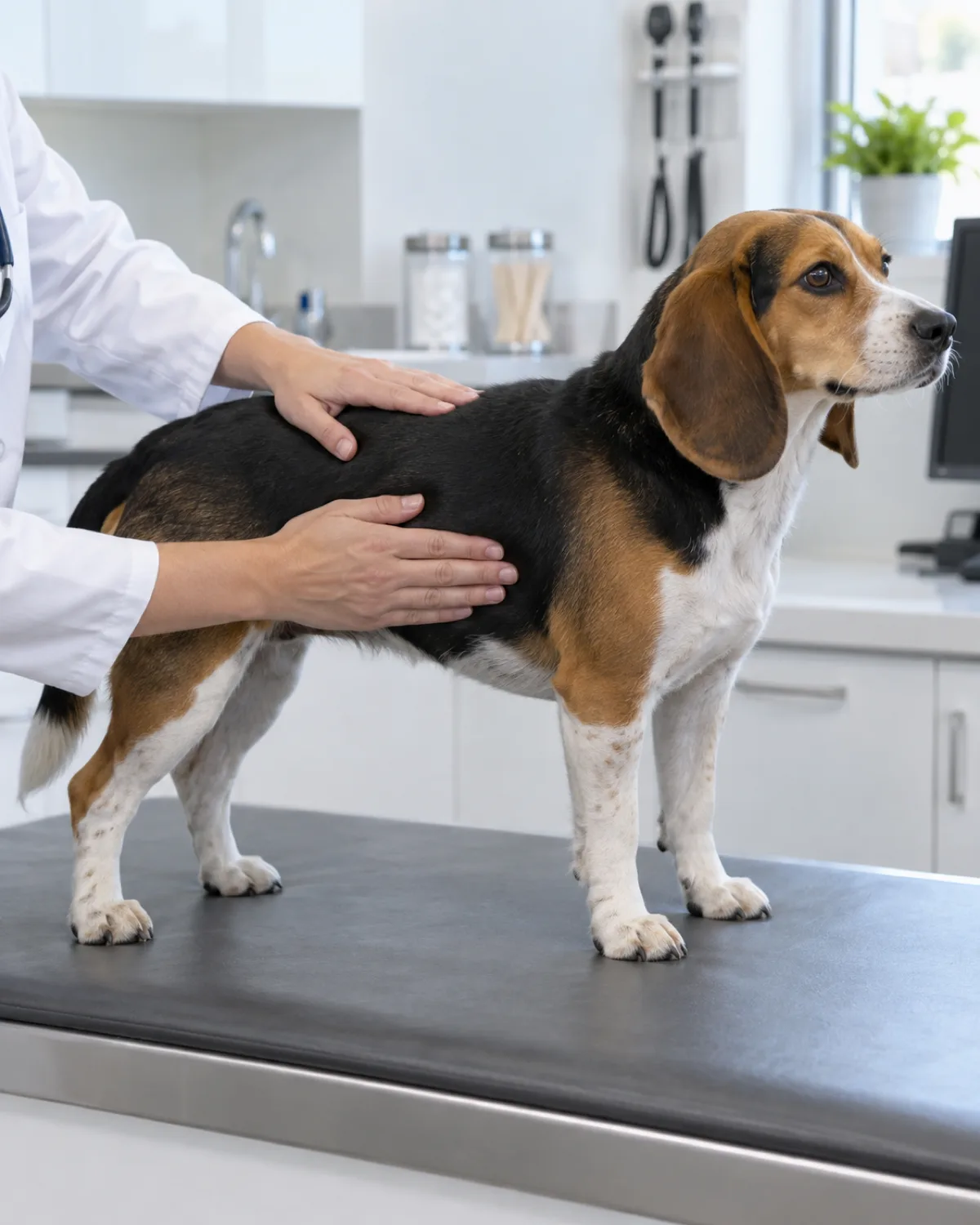 a small sturdy tricolor short-coated hound with long low-set floppy ears standing in profile at a vet clinic exam table with a vet's hands gently feeling the rib area bright clinical lighting calm trusting expression