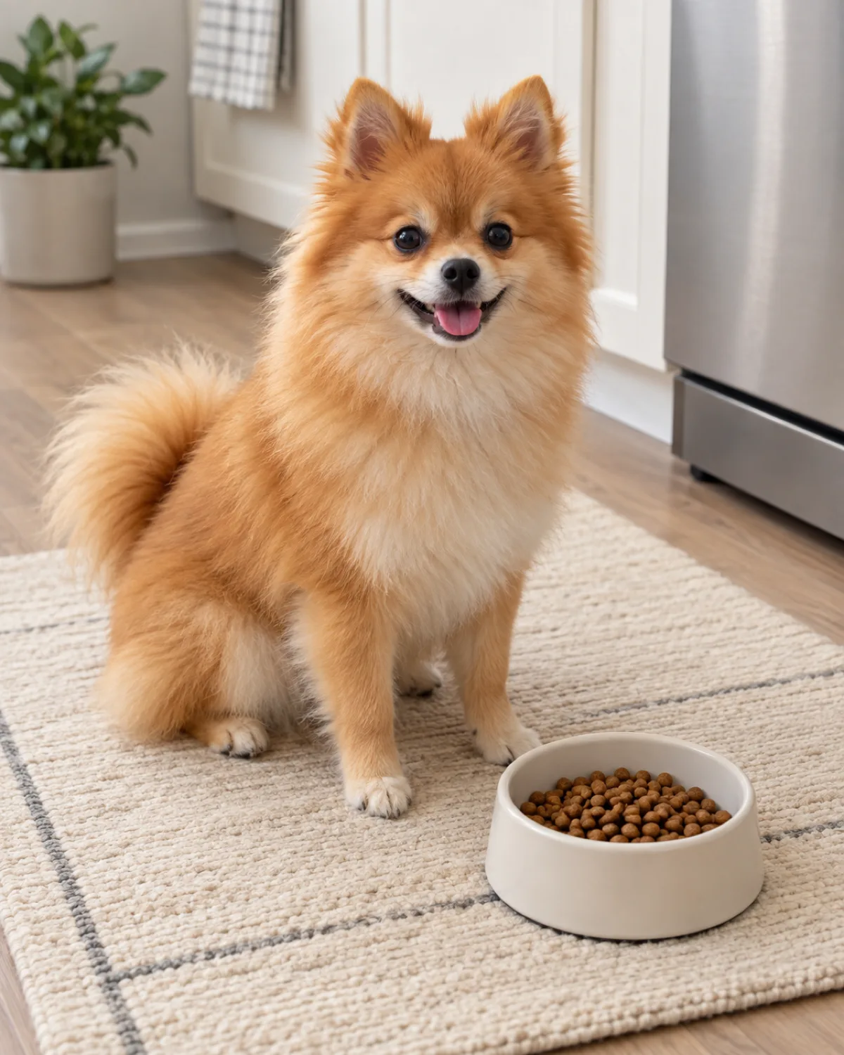 a tiny dog with a profuse fluffy orange double coat a foxy face small erect ears and a plumed tail curled over the back sitting beside a small puppy-sized food bowl on a cream kitchen mat the bowl partially full of small kibble pieces soft indoor light eager bright-eyed expression