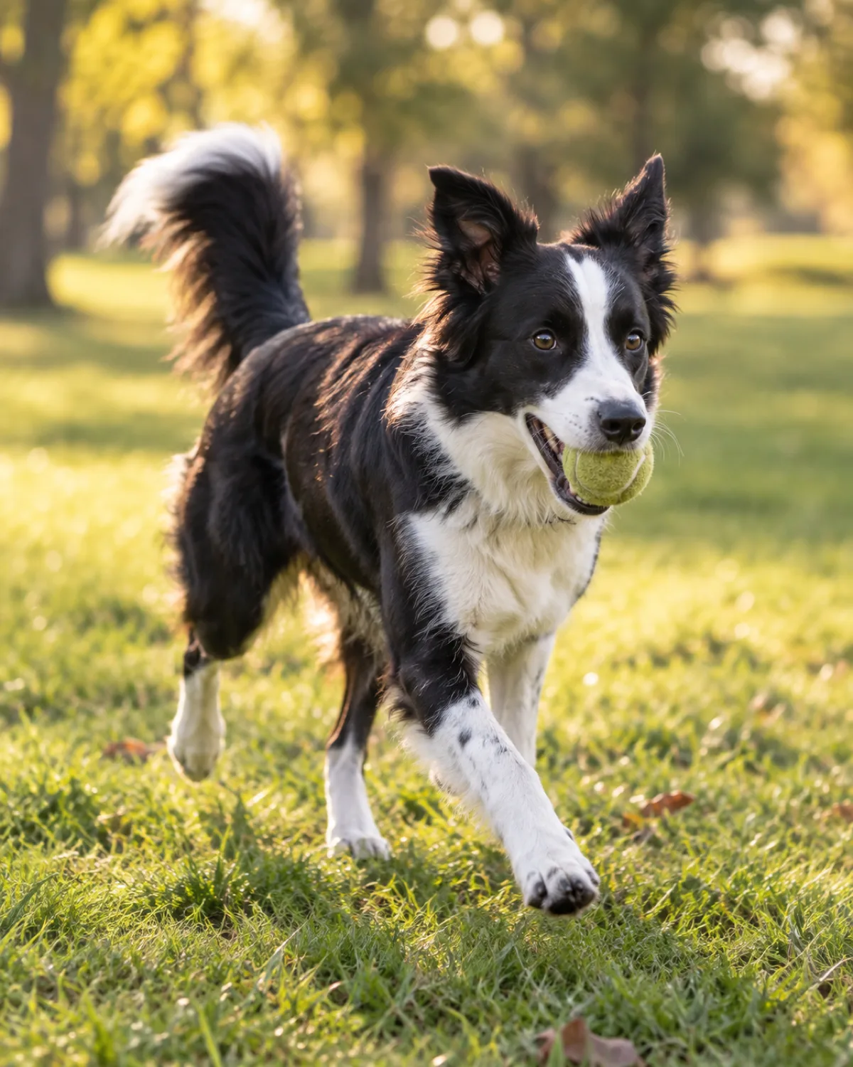 a medium athletic dog with a black-and-white coat with white blaze collar and chest medium fur semi-erect ears and an intense gaze trotting energetically through a grassy park carrying a ball in its mouth late afternoon golden light trees in the background active dynamic posture