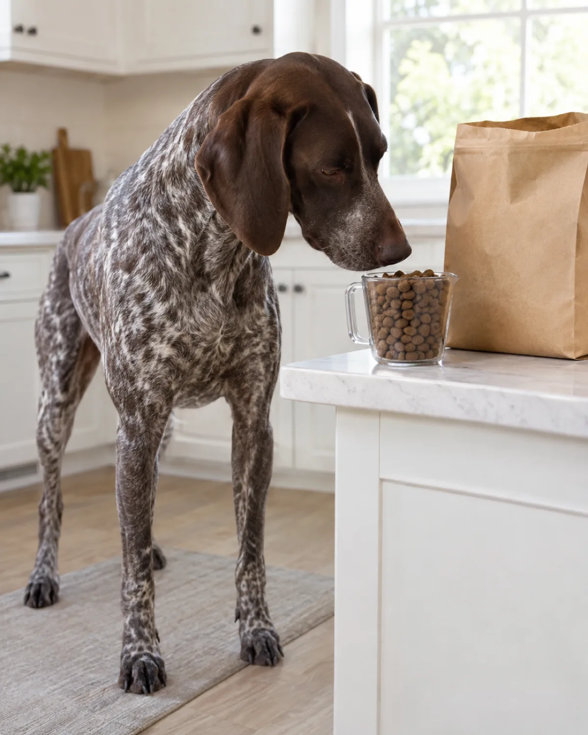 a large lean dog with a short liver-and-white ticked coat floppy ears and an athletic frame standing in a kitchen with light cabinets nose close to a measuring cup filled with kibble sitting next to an open kibble bag on the counter natural window light focused sniffing expression