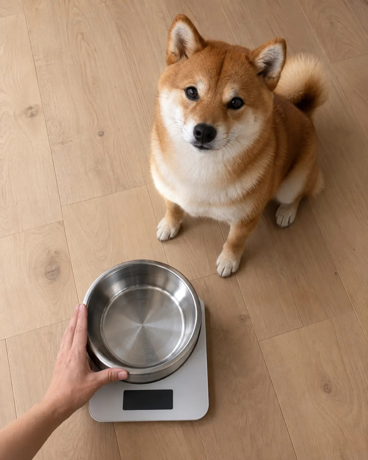a small compact dog with a thick orange-red double coat and white underside erect ears a curled tail and a fox-like face sitting on a light wood kitchen floor watching a person's hand placing a stainless bowl on a kitchen scale overhead view looking down warm indoor light