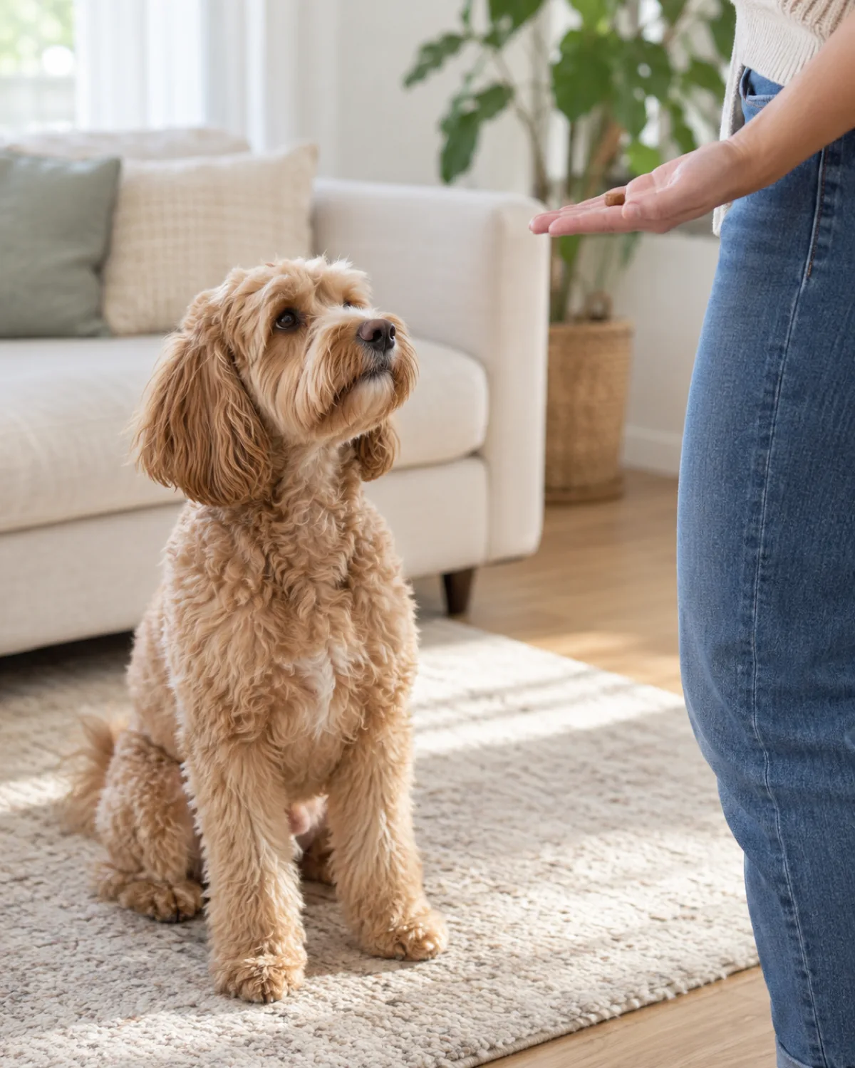 a medium dog with a soft shaggy wavy-to-curly apricot coat floppy ears and a rounded teddy-bear face sitting politely next to a person holding a single small training treat at waist height light living room background soft natural light eager but patient expression