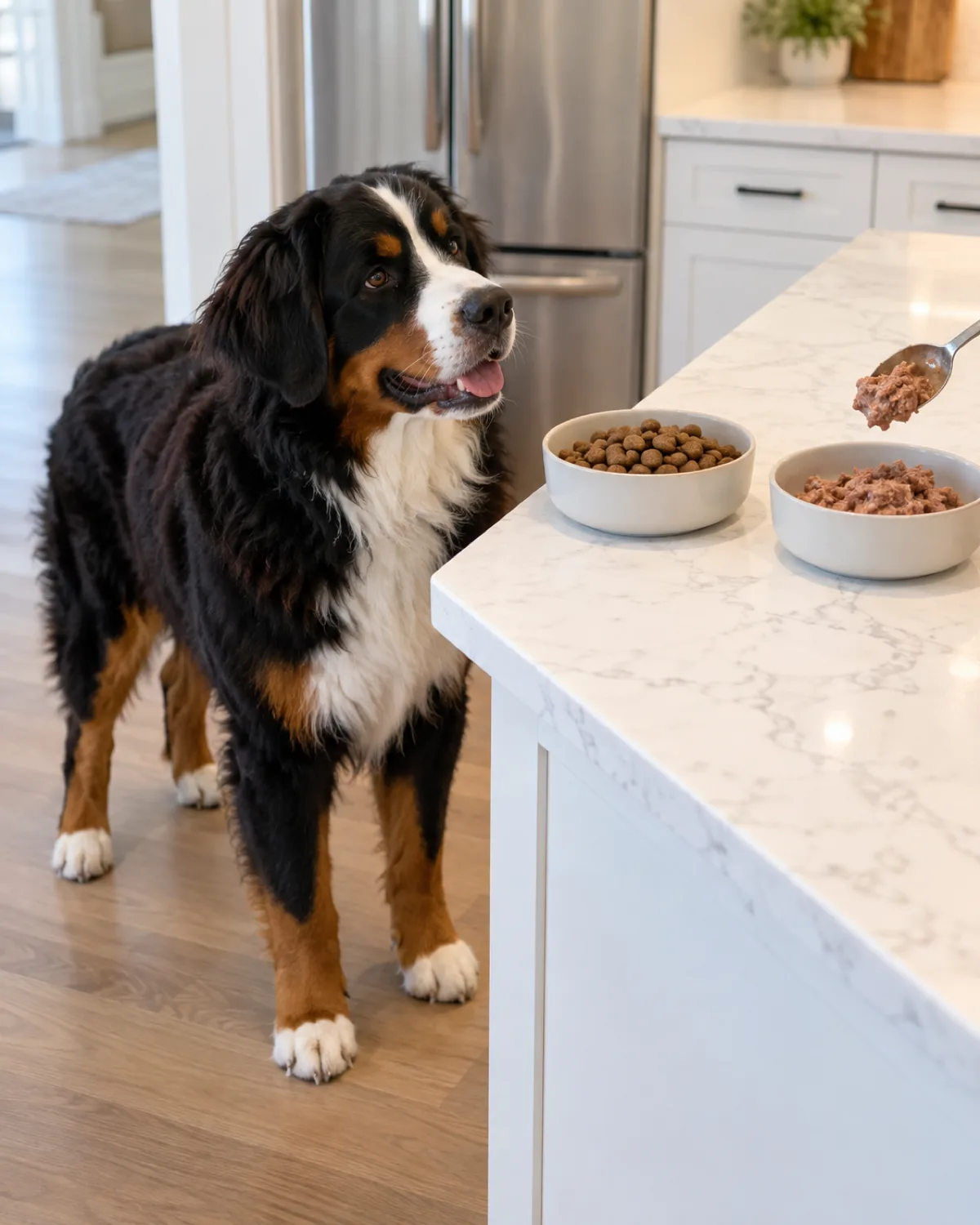 a large sturdy dog with a thick tricolor coat black body rust eyebrows and legs white chest blaze and floppy ears standing at a kitchen island where two bowls sit side by side one with kibble and one with wet food being spooned in bright kitchen light interested watching expression