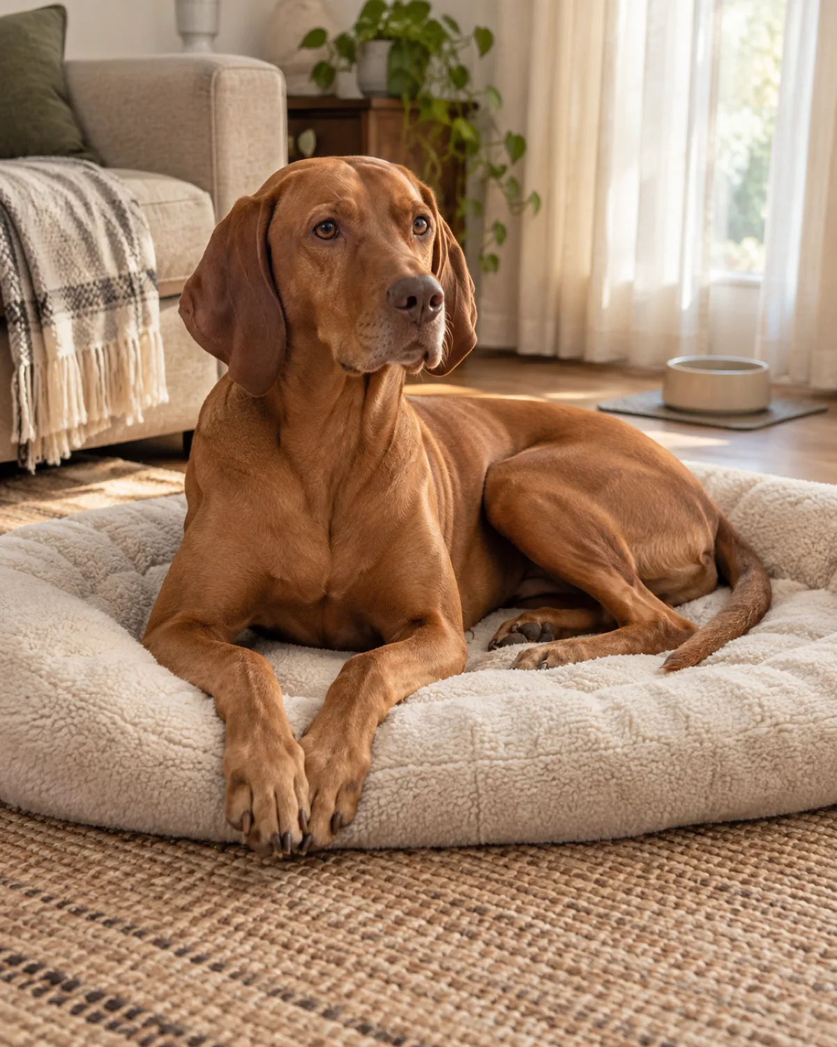 a medium-large sleek dog with a uniform rusty golden-brown short coat floppy ears and a lean athletic frame lying on a cream dog bed in a living room relaxed calm posture a food bowl visible in the background on a mat soft warm afternoon light through curtains