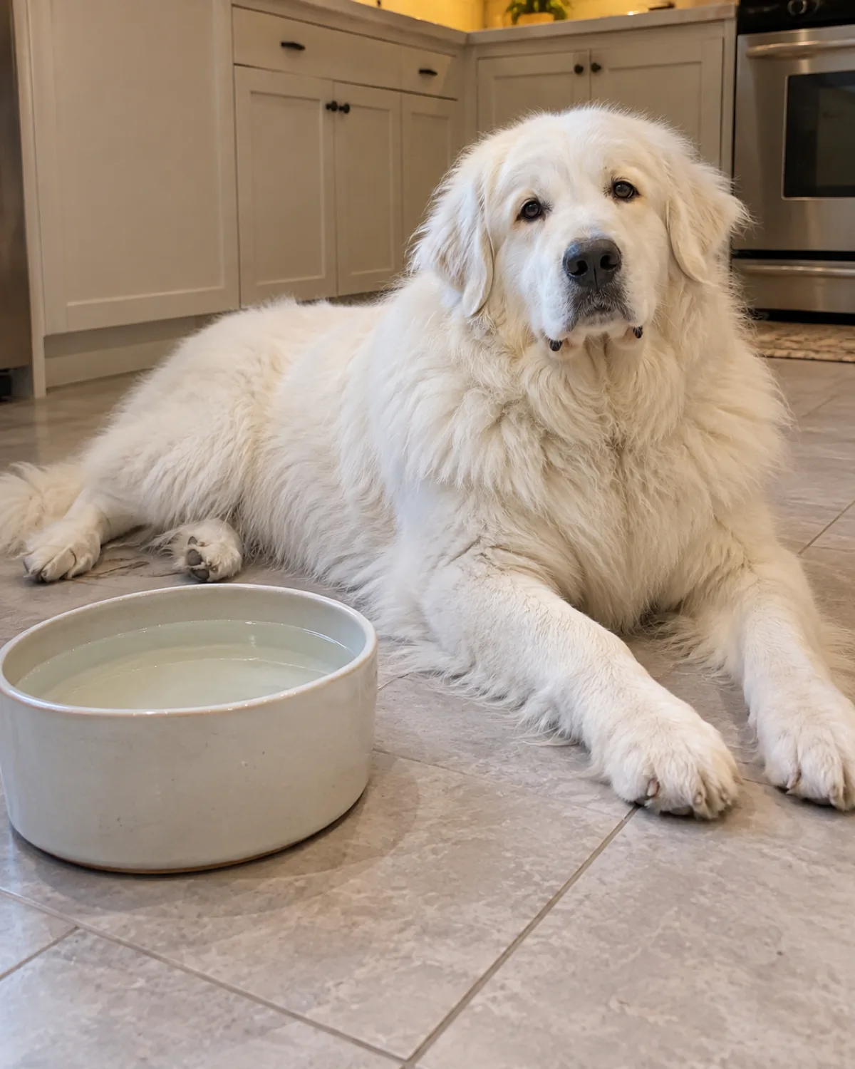 a giant dog with a thick solid-white long double coat a mane around the neck floppy ears and a gentle face lying on a cool tile kitchen floor near a large water bowl a nurturing mama expression warm overhead light kitchen setting with light cabinets