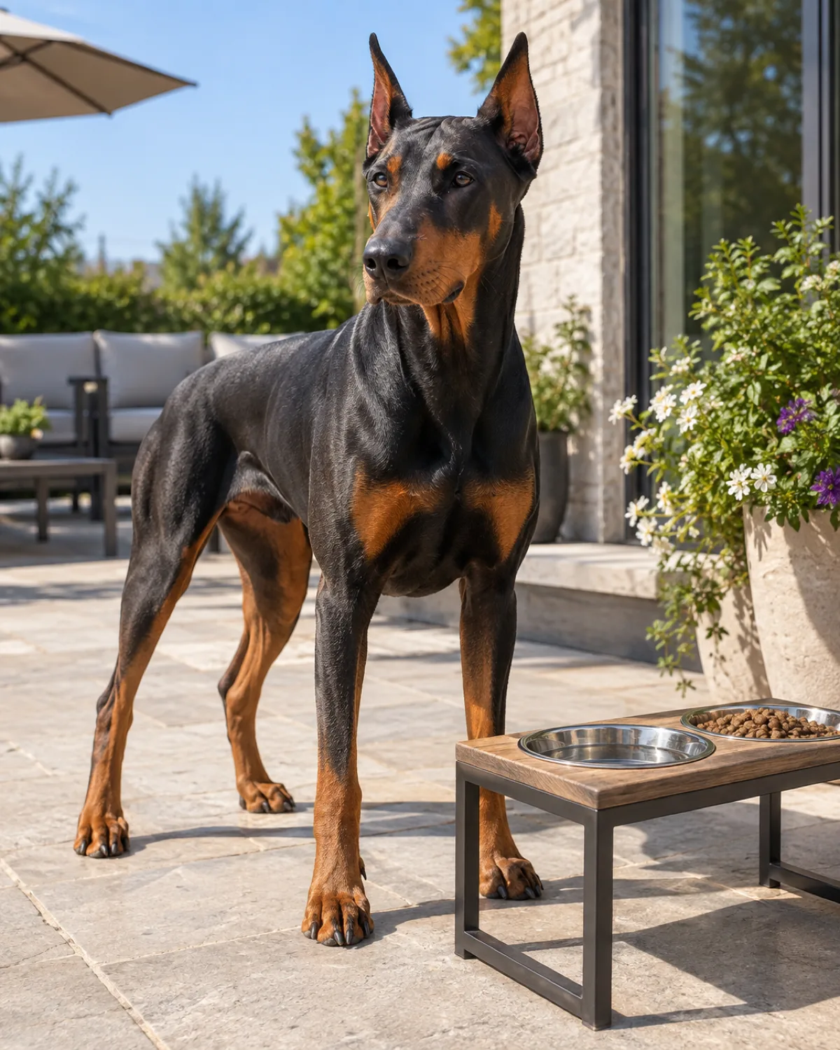 a large lean muscular dog with a sleek black-and-tan short coat sharp rust points upright ears and a long muzzle standing on a back patio on a warm day a water bowl and food bowl on a raised stand nearby bright summer sunlight alert upright posture