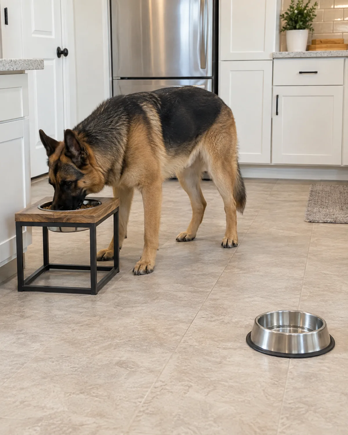 a large dog with a tan body and a black saddle-and-mask medium coat large upright pointed ears long muzzle and a sloped back eating from a raised bowl on a stand in a kitchen a second dog bowl visible two feet away but empty bright overhead kitchen light focused eating posture