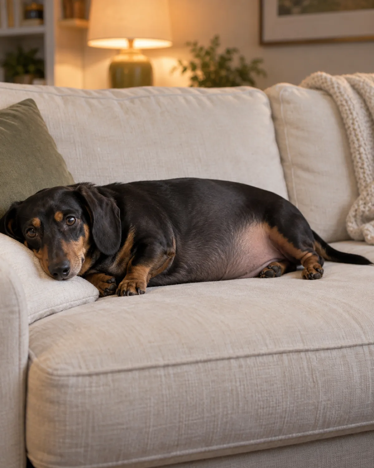 a small dog with very short legs and a long low body a smooth black-and-tan coat and long floppy ears lying stretched out on a cream sofa looking lethargic with a visibly round belly soft lamp light cozy living room sluggish heavy expression