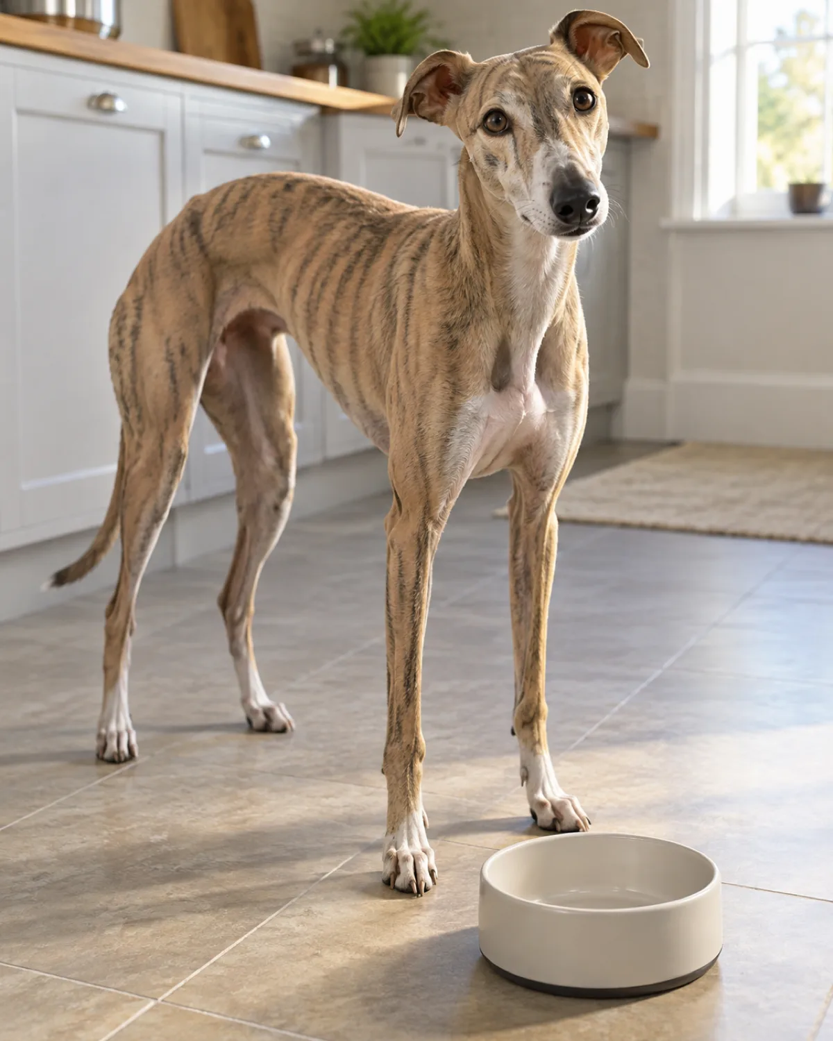 a lean deep-chested dog with a tucked waist arched loin very long slim legs a short fawn-or-brindle coat and rose-folded semi-erect ears standing in a kitchen with visible ribs showing looking up at an empty food bowl on the floor morning light from a window thin but alert expression