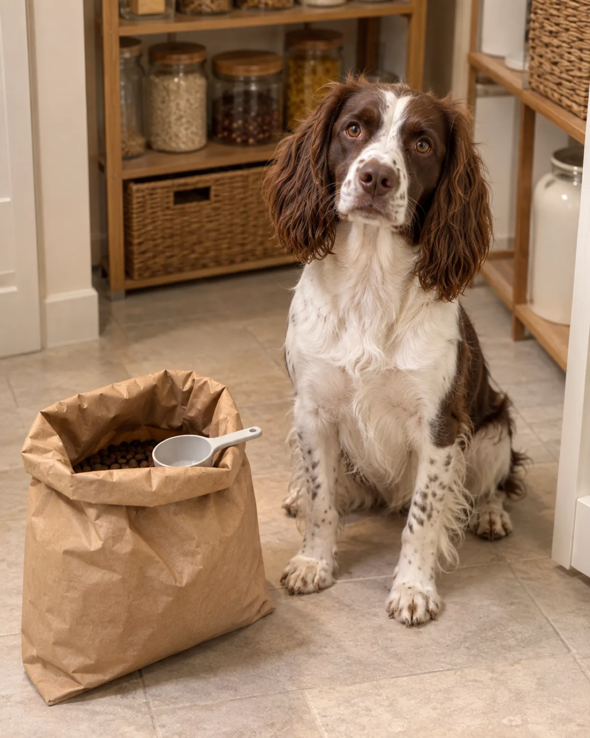 a medium athletic dog with a liver-and-white medium coat long feathered drop ears and feathered legs sitting beside a half-empty kibble bag on a pantry floor looking up expectantly a measuring scoop resting on top of the bag warm indoor light