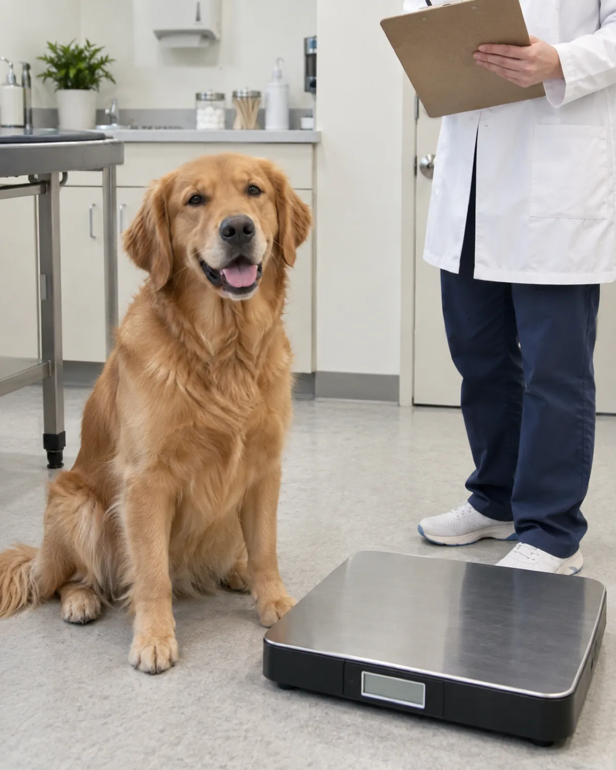 a large golden-coated dog with medium feathered fur floppy ears and a friendly broad muzzle sitting in a vet exam room on the floor next to a scale a vet in a white coat visible from waist down writing on a clipboard bright clinical light calm patient expression