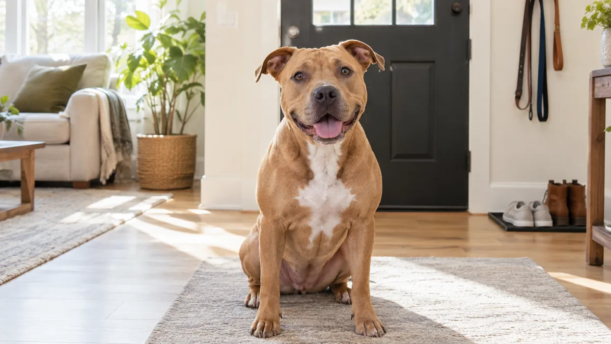a medium muscular fawn-coated dog with a broad head sitting alert near a front door in a bright living room with clean pale hardwood floors