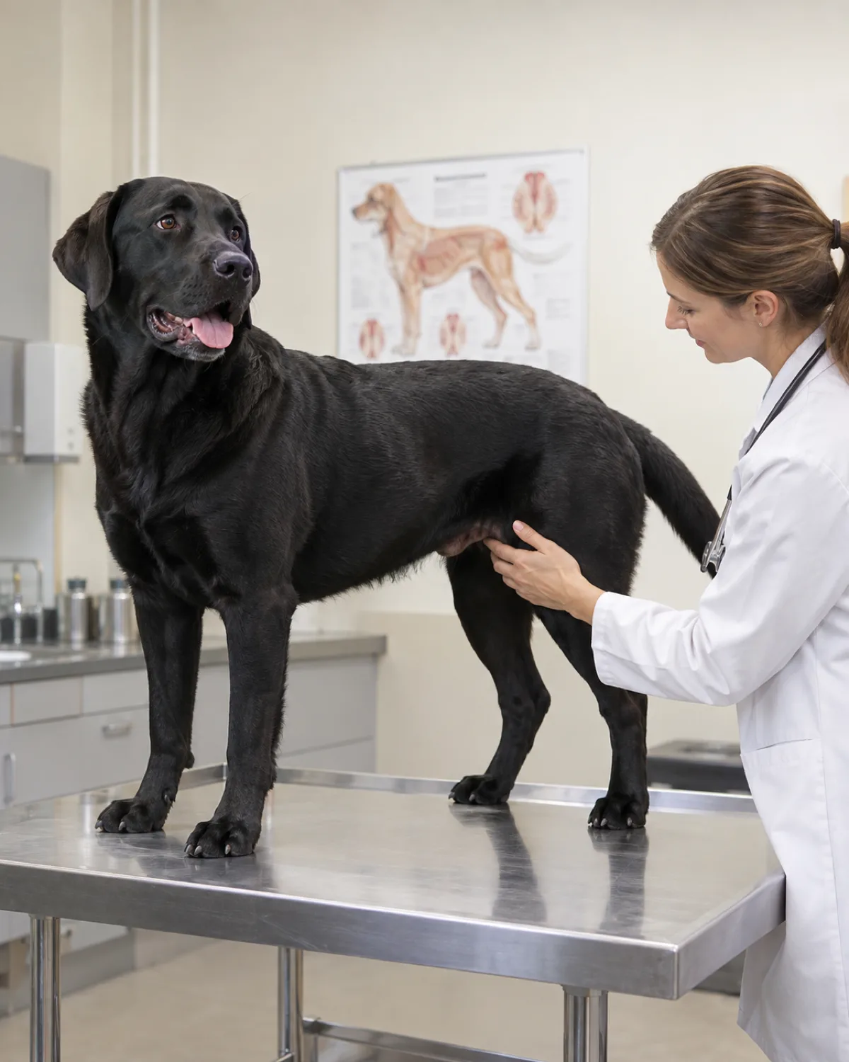 a large solid-black short-coated dog standing on a veterinary exam table while a vet gently presses on the lower abdomen