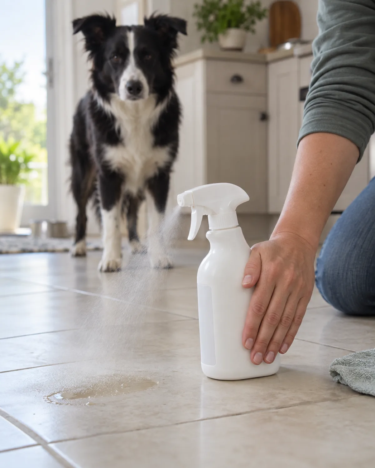 a hand holding a white spray bottle spraying enzymatic cleaner on a pale tile floor with a black-and-white dog watching calmly from a few feet away