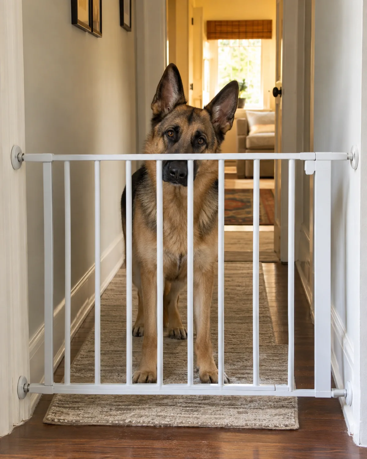 a large tan dog with a black saddle-and-mask standing behind a white baby gate in a home hallway looking through the bars toward the camera