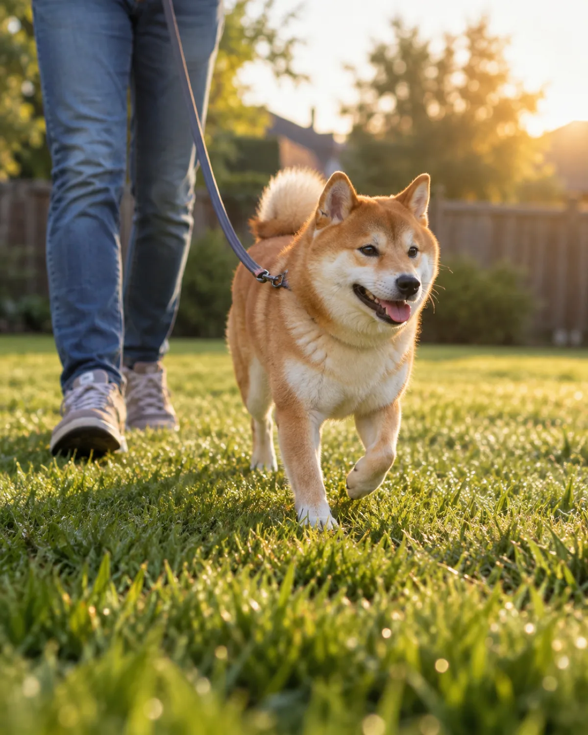a small orange-red fox-faced dog trotting eagerly on a loose leash toward a grassy backyard patch in early morning golden light