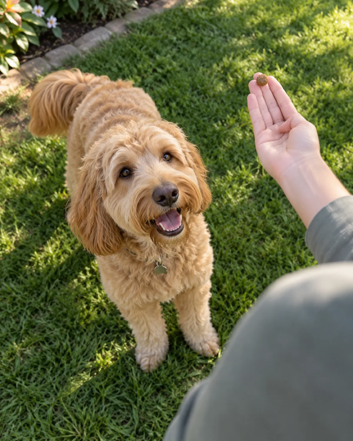 a shaggy golden-coated teddy-bear-faced dog turning toward a person whose hand extends flat with a small treat after squatting on grass in a sunny backyard