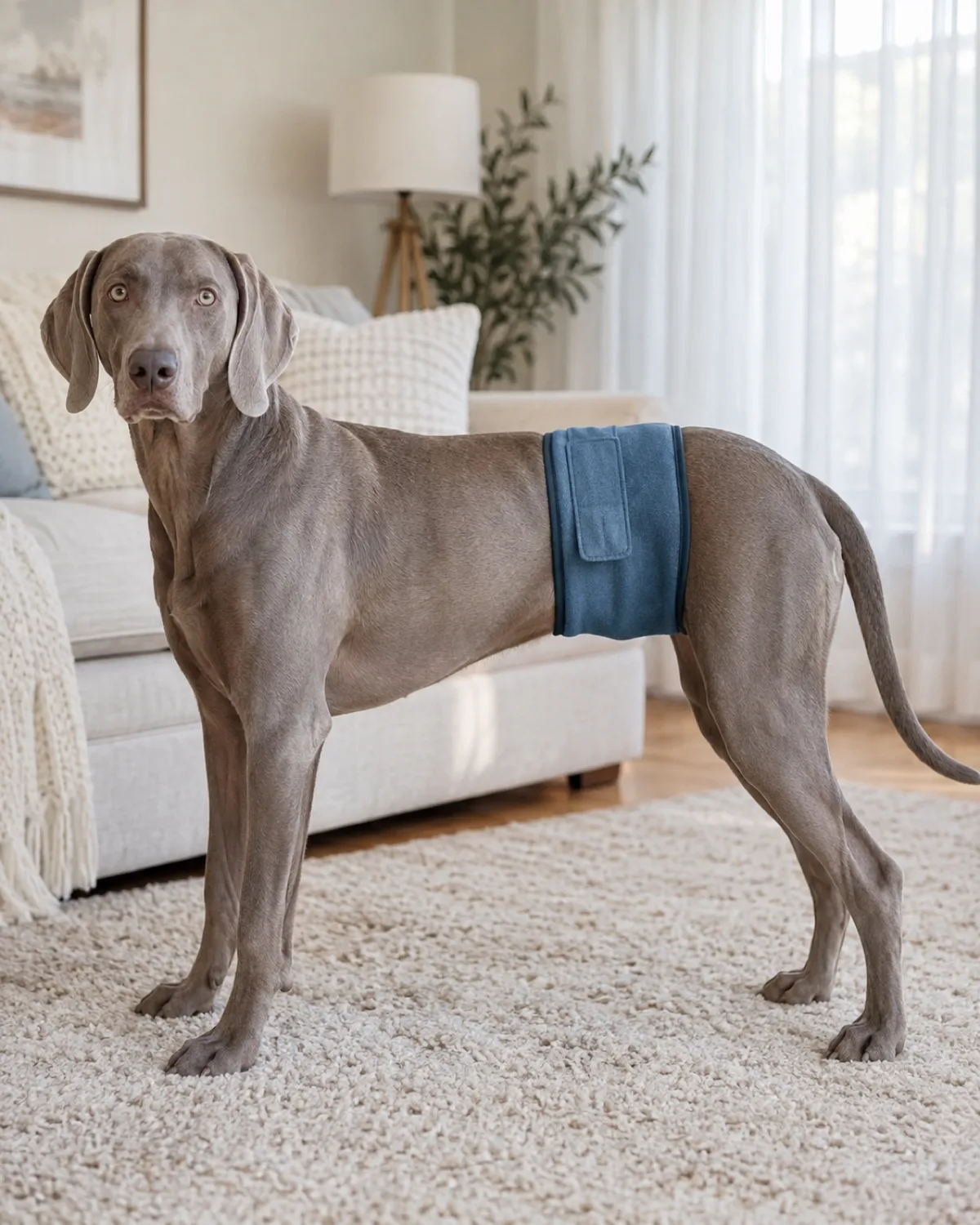 a large silver-grey dog wearing a fitted blue belly band standing calmly in a cream-colored living room near a linen sofa