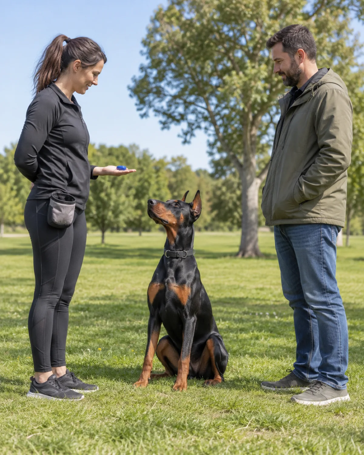 a large lean black-and-tan dog sitting at attention between a professional trainer and its owner in an outdoor park setting with green grass and midday sun