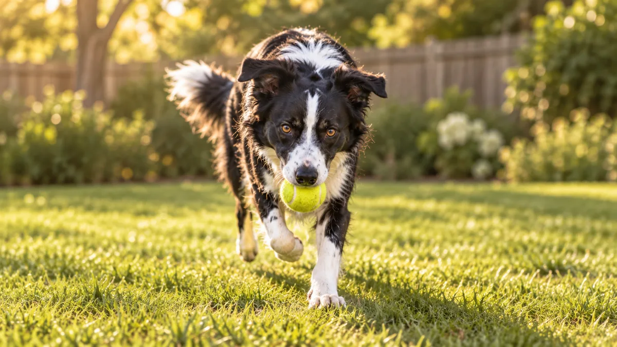 a medium athletic dog with a black-and-white coat white blaze collar and chest medium fur semi-erect ears running toward the camera on green grass with a bright yellow tennis ball in its mouth dynamic mid-stride posture golden afternoon sunlight blurred green fenced yard background